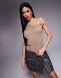 [Kaiia] Kaiia exclusive ribbed knit off shoulder twist detail crop top in beige-Brown L BEIGE