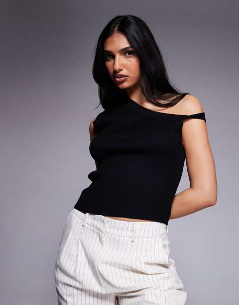 Kaiia exclusive ribbed knit off shoulder twist detail crop top in black - view 1