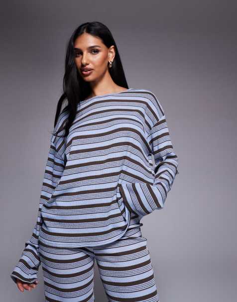 Kaiia exclusive ribbed knit oversized long sleeve t-shirt co-ord in blue and chocolate stripe - view 1
