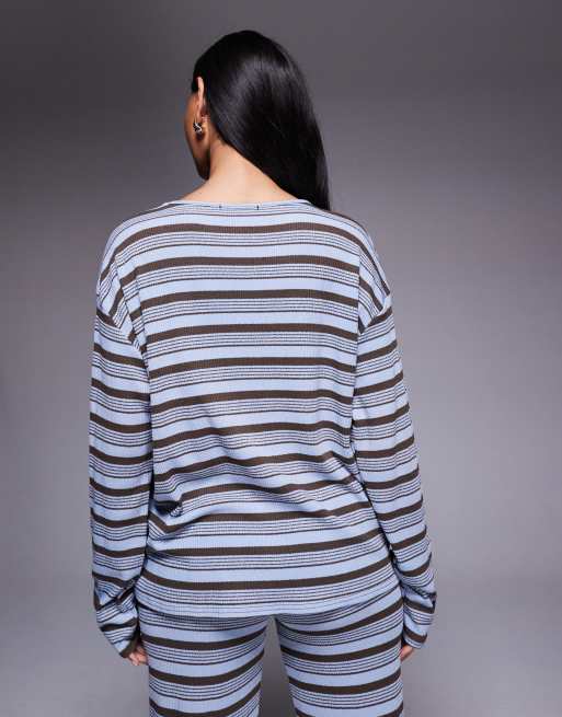 Kaiia exclusive ribbed knit oversized long sleeve t-shirt co-ord in blue and chocolate stripe, 4 of 4