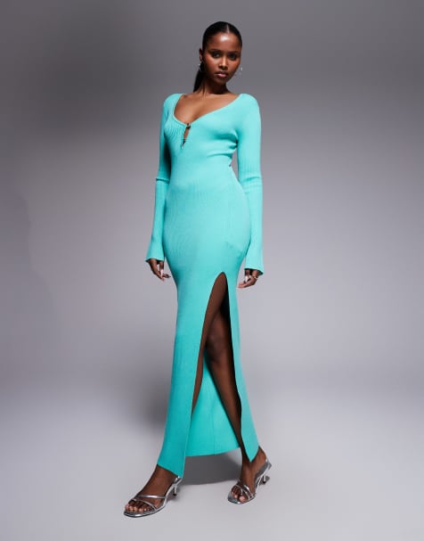 Kaiia exclusive ribbed knit plunge v neck flared sleeve thigh split maxi dress in turquoise