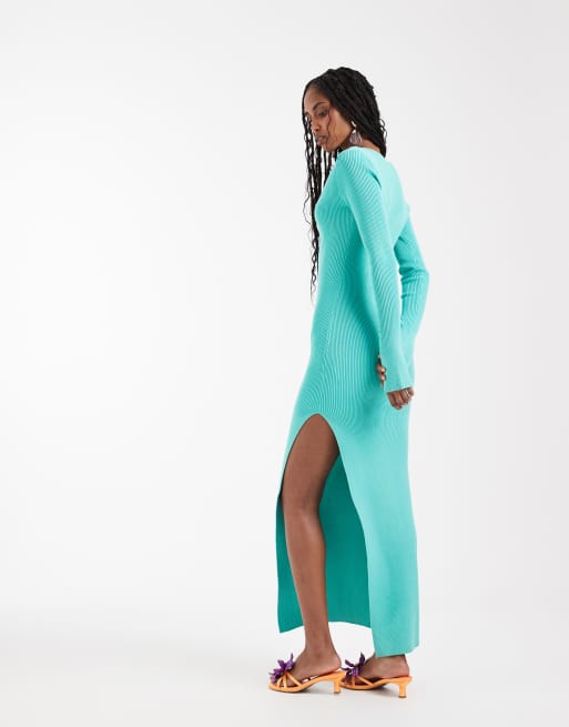 Kaiia exclusive ribbed knit plunge v neck flared sleeve thigh split maxi dress in turquoise, 3 of 7