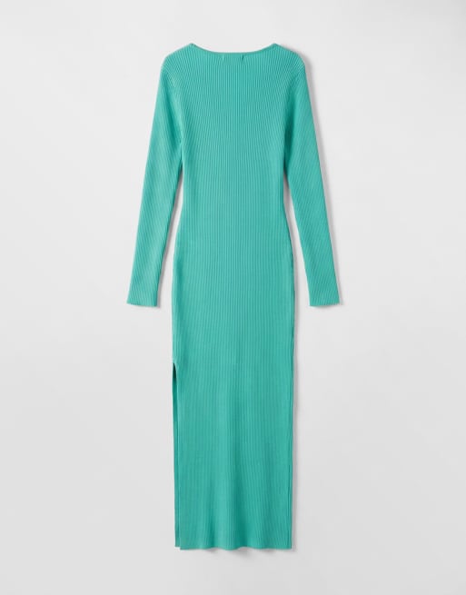 Kaiia exclusive ribbed knit plunge v neck flared sleeve thigh split maxi dress in turquoise, 6 of 7