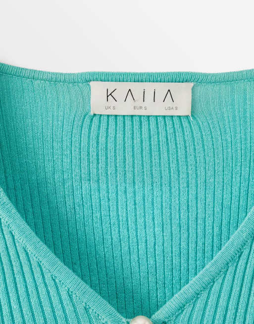Kaiia exclusive ribbed knit plunge v neck flared sleeve thigh split maxi dress in turquoise, 7 of 7