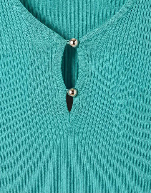 Kaiia exclusive ribbed knit plunge v-neck flared sleeve thigh split maxi dress in turquoise, 8 of 8