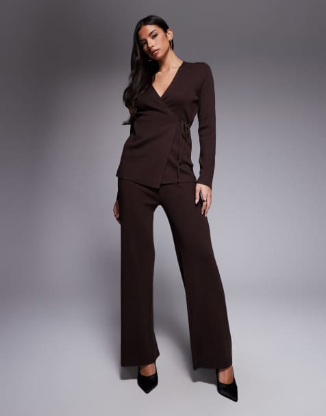 Kaiia exclusive ribbed knit wide leg pants in chocolate - part of a set - view 1