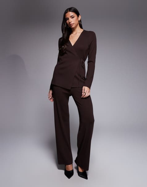 Kaiia exclusive ribbed knit wide leg trousers and knit wrap front top co-ord in chocolate - BROWN - view 1
