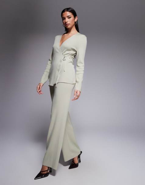 Kaiia exclusive ribbed knit wide leg trousers and knit wrap front top co-ord in cream - CREAM - view 1
