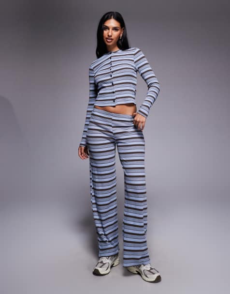 Kaiia exclusive ribbed knit wide leg trousers co-ord in blue and chocolate stripe - view 1