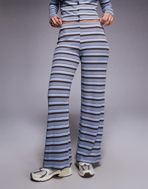 Kaiia exclusive ribbed knit wide leg trousers co-ord in blue and chocolate stripe, 2 of 5
