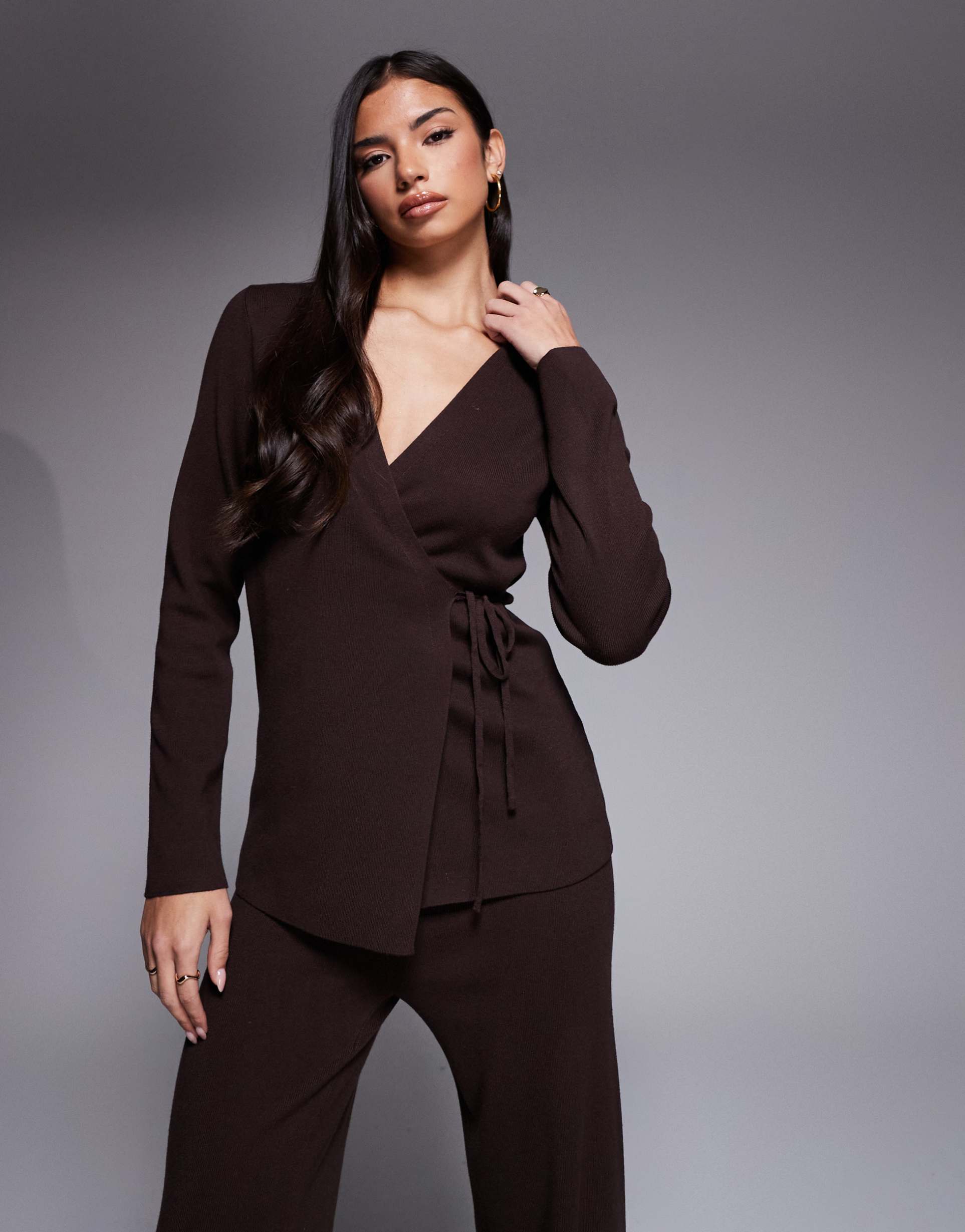 kaiia exclusive ribbed knit wrap front top in chocolate - part of a set