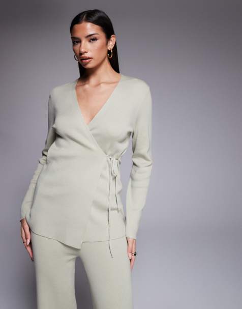 Kaiia exclusive ribbed knit wrap front top in sage (part of a set) - view 1