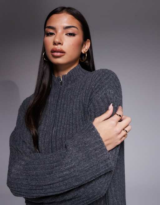 Kaiia exclusive ribbed knit zip through funnel neck cardigan co-ord in charcoal, 3 of 4