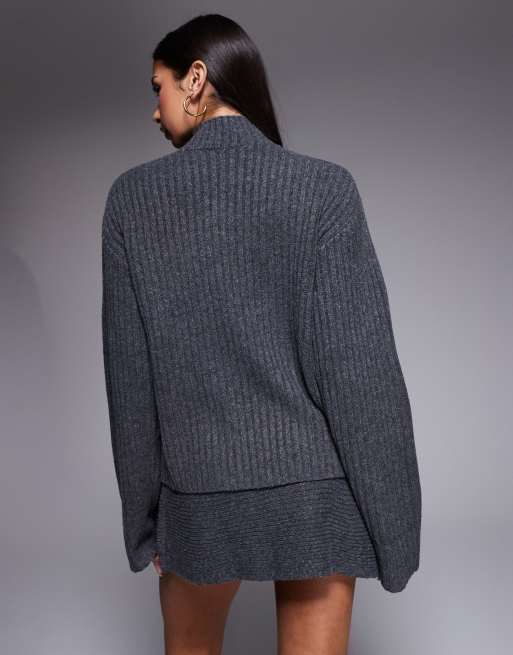 Kaiia exclusive ribbed knit zip through funnel neck cardigan co-ord in charcoal, 4 of 4