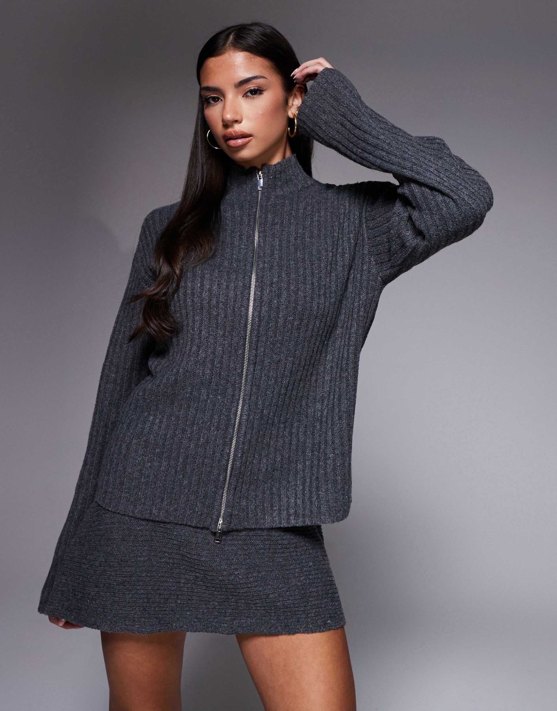 kaiia exclusive ribbed knit zip through funnel neck cardigan in charcoal - part of a set