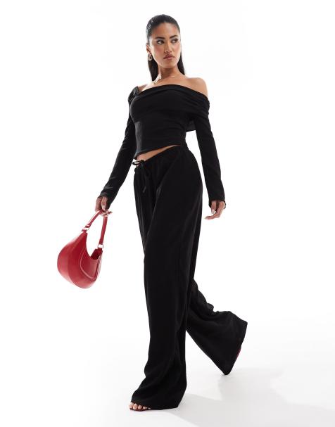 Kaiia exclusive ribbed wide leg trousers co-ord in black - view 1