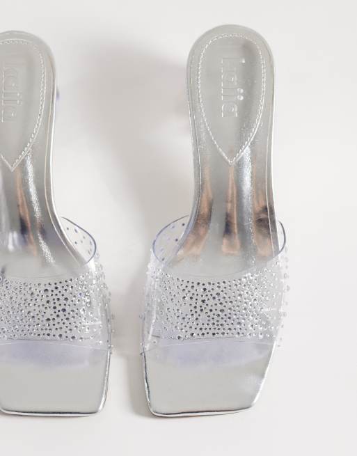 Kaiia – Exclusive – Sandalen im Stil der 00er in Silber mit kugelförmigem Absatz und transparentem Strassbesatz, 2 von 4