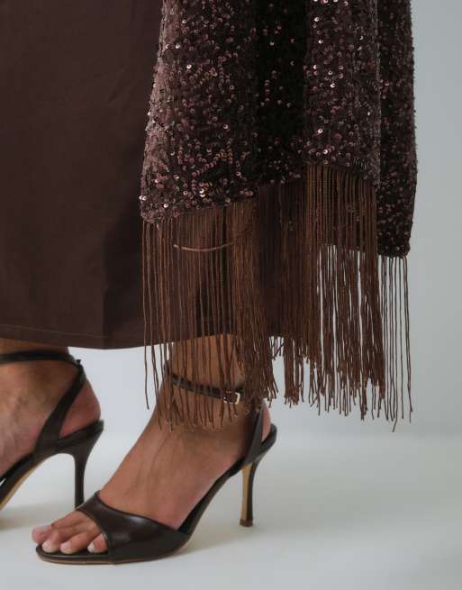 Kaiia exclusive satin asymmetric sequin cape detail maxi dress in chocolate, 4 of 5