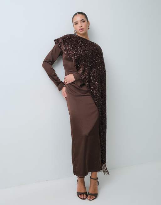Kaiia exclusive satin asymmetric sequin cape detail maxi dress in chocolate, 5 of 5
