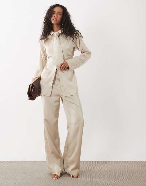 Kaiia exclusive satin chinch tie back detail tie shirt and trousers in oyster - view 1