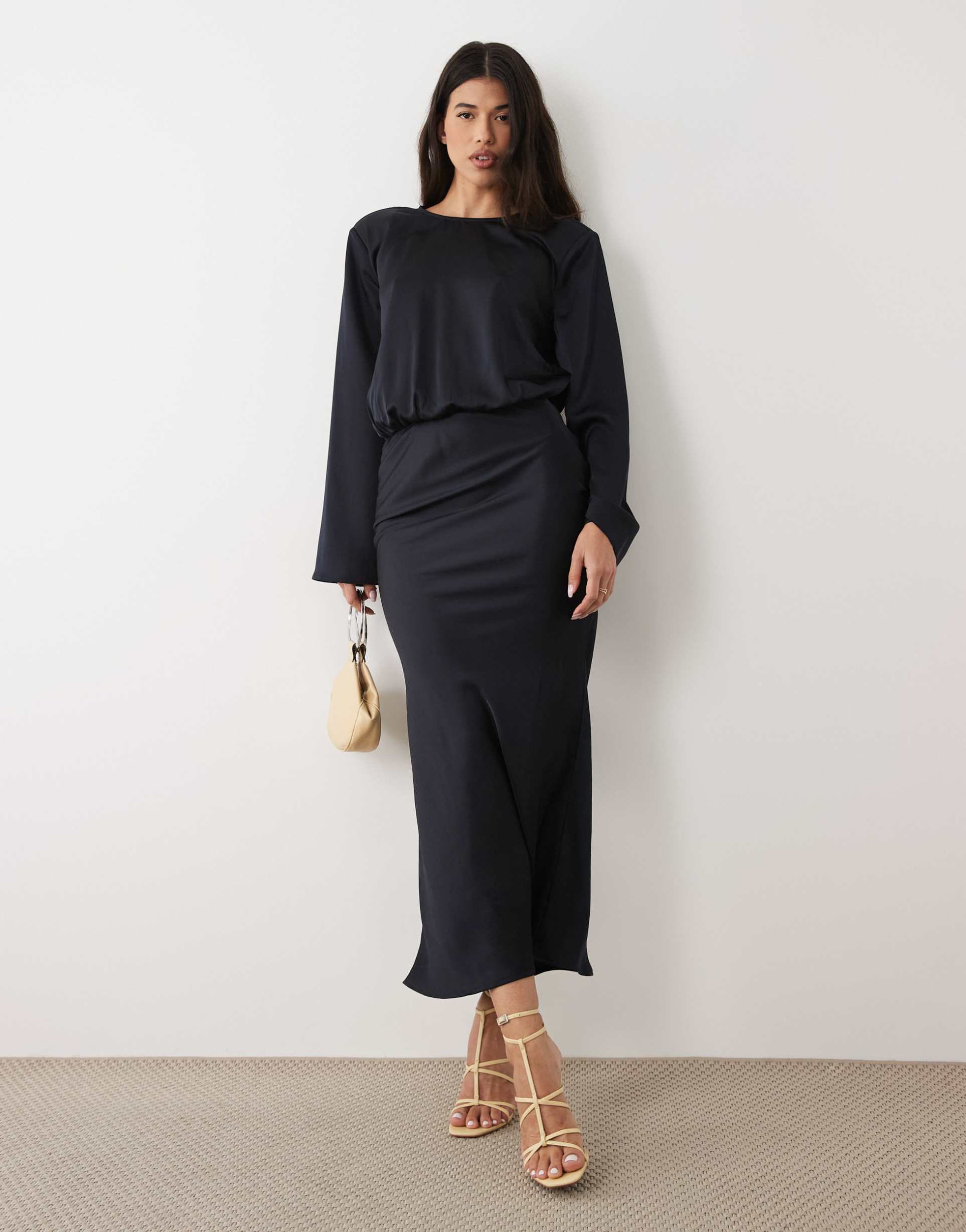 kaiia exclusive satin cinched blouson waist flared sleeve maxi dress in midnight navy