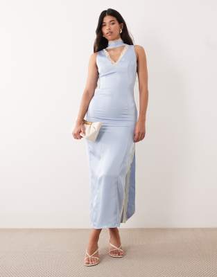 Kaiia Exclusive Satin Contrast Lace Trim Scarf Detail V-neck Thigh Slit Midaxi Dress In Blue