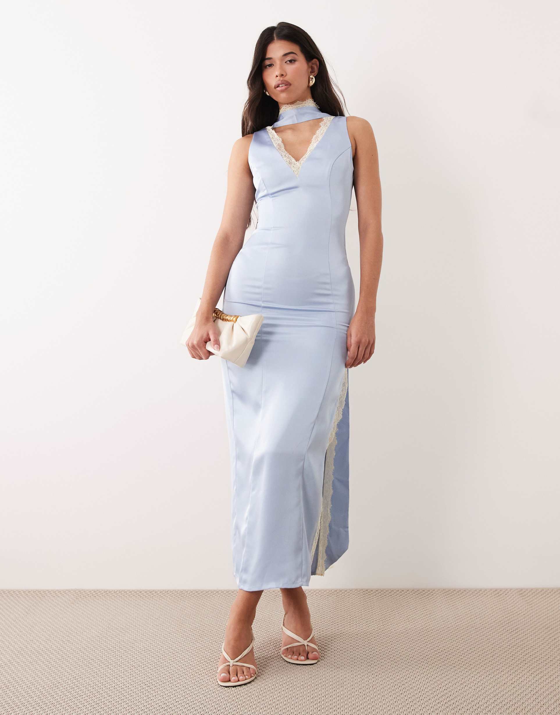 kaiia exclusive satin contrast lace trim scarf detail v-neck thigh slit midaxi dress in blue