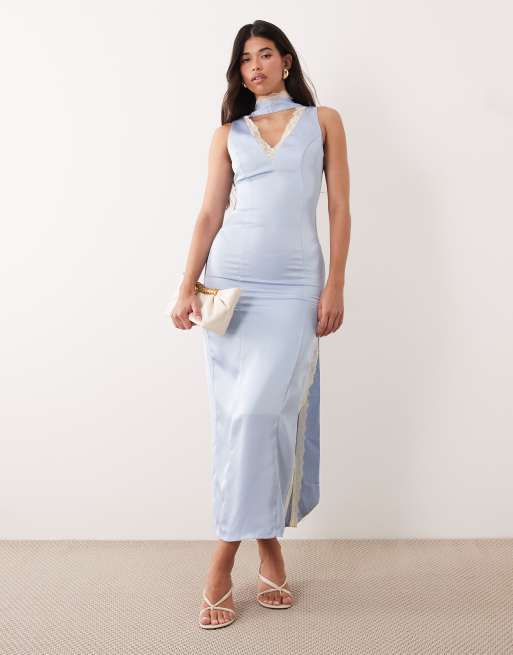 princess polly baby blue dress Kaiia exclusive satin contrast lace trim scarf detail v-neck thigh slit  midaxi dress in blue