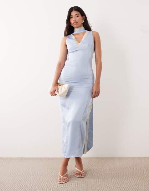 Kaiia exclusive satin contrast lace trim scarf detail v-neck thigh split maxi dress in blue - view 1