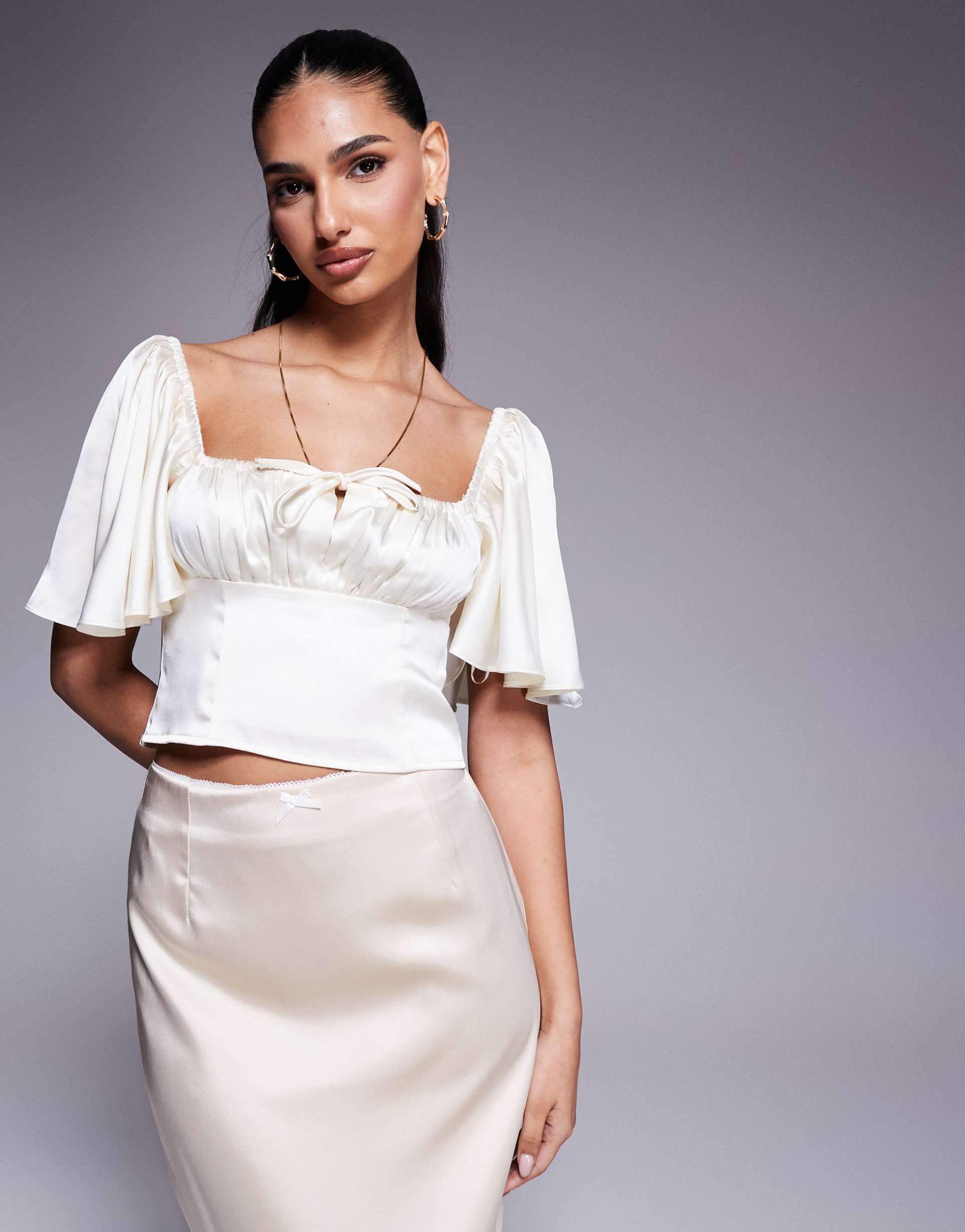 kaiia exclusive satin flutter sleeve tie ruched bust milkmaid top in cream