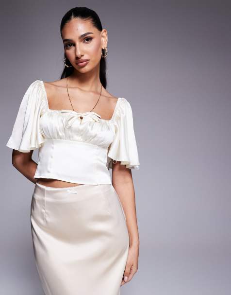 Kaiia exclusive satin flutter sleeve tie ruched bust milkmaid top in cream 