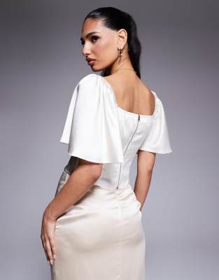 KAIIA EXCLUSIVE SATIN FLUTTER SLEEVE TIE RUCHED BUST MILKMAID TOP 