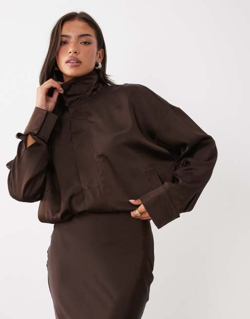 Kaiia exclusive satin funnel neck balloon hem bomber jacket and skirt in chocolate, 3 of 3