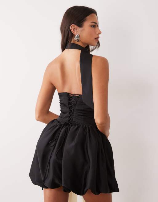 Kaiia exclusive satin halterneck bow detail bubble hem mini dress in mono, 3 of 4
