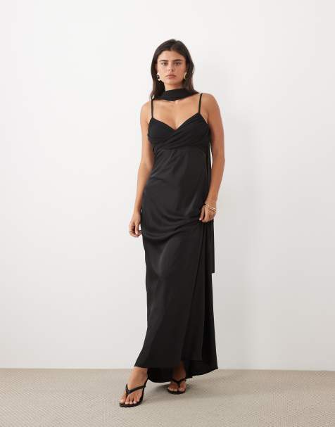 Kaiia exclusive satin halterneck scarf detail sheer hem maxi dress in black - view 1