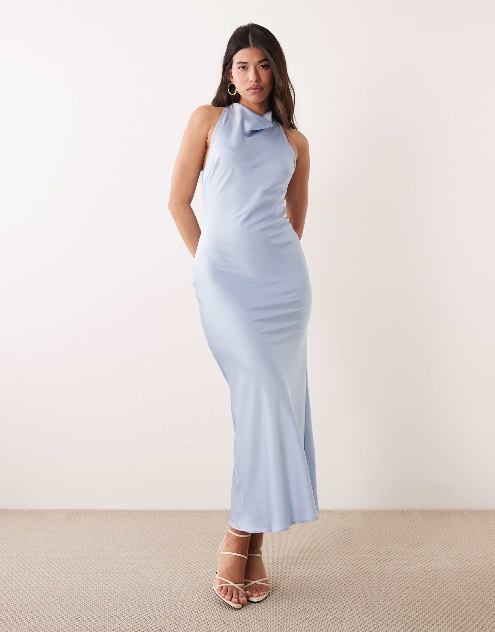 kaiia exclusive satin high cowl neck lace back detail maxi dress in baby blue