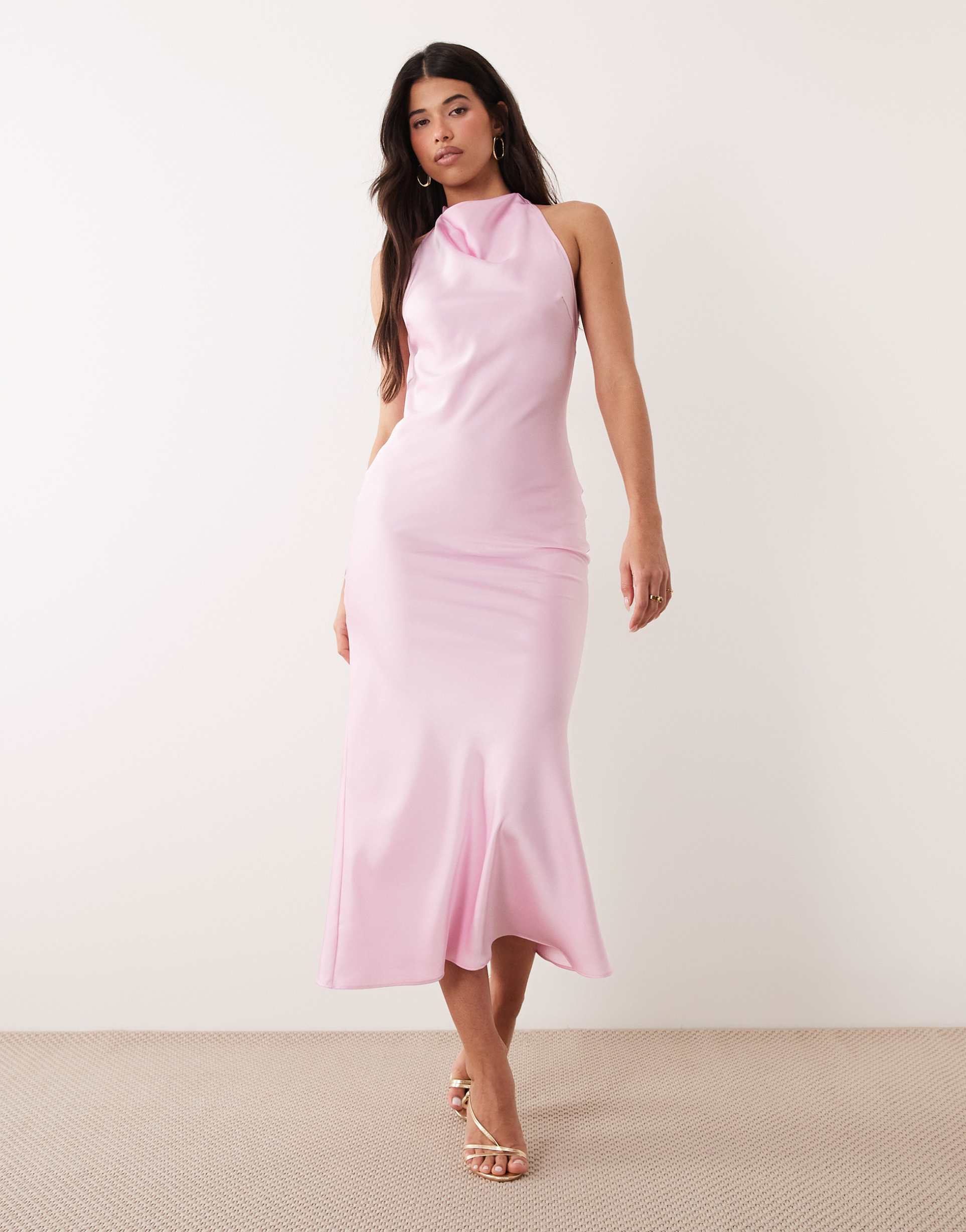 kaiia exclusive satin high cowl neck lace back detail maxi dress in baby pink