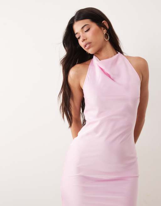 pink satin cowl lace up bodycon dress Hot Pink Satin Cowl Neck Sleeveless Mini Slip Dress