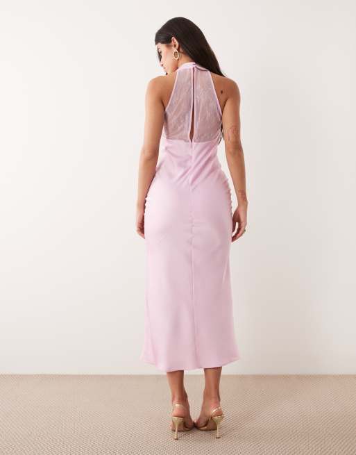 pink satin cowl lace up bodycon dress Good American Satin Cowl-Neck Lace-Up Maxi Dress