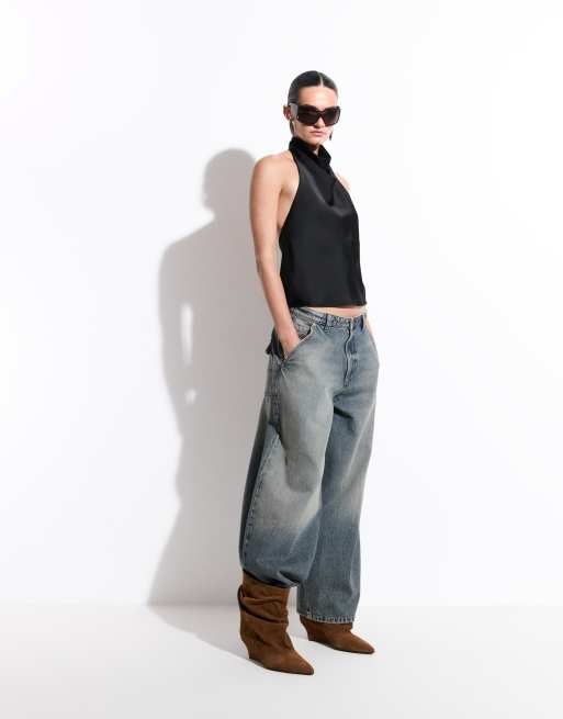 Kaiia exclusive satin high neck cowl low back top in black, 2 of 4