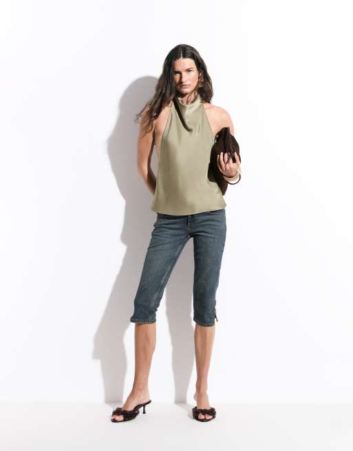 Kaiia exclusive satin high neck cowl low back top in khaki , 3 of 8