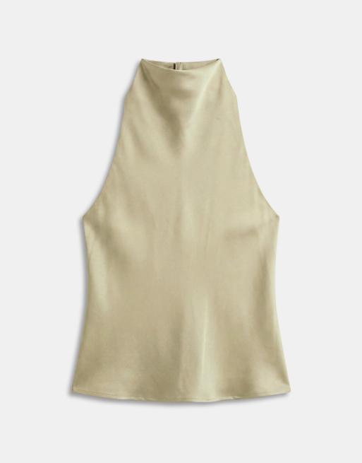 Kaiia exclusive satin high neck cowl low back top in khaki , 5 of 8