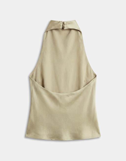 Kaiia exclusive satin high neck cowl low back top in khaki , 6 of 8