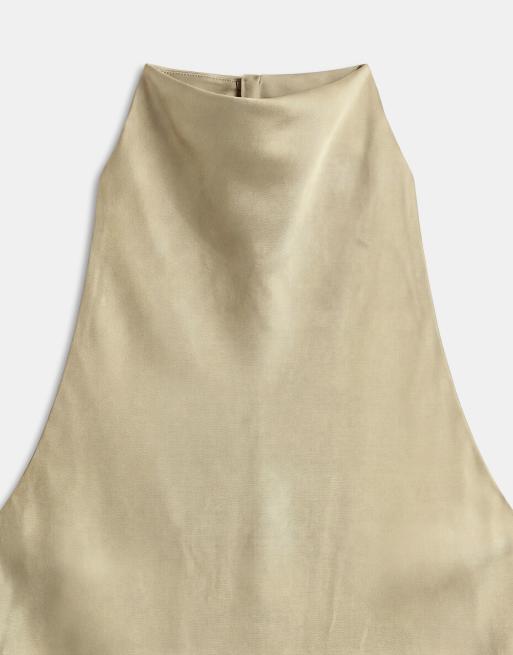 Kaiia exclusive satin high neck cowl low back top in khaki , 7 of 8