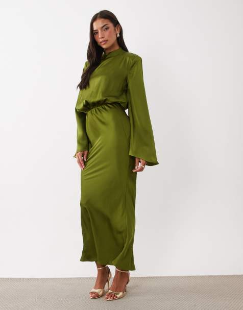 Kaiia exclusive satin high neck fold over detail wide sleeve fishtail hem maxi dress in green - view 1