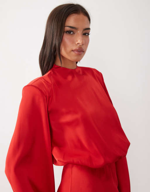 Kaiia exclusive satin high neck fold over detail wide sleeve fishtail hem maxi dress in red, 3 of 4
