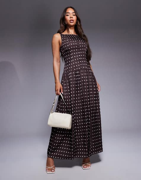 Kaiia exclusive satin high square neck button through drop waist maxi dress in chocolate polka dot - view 1