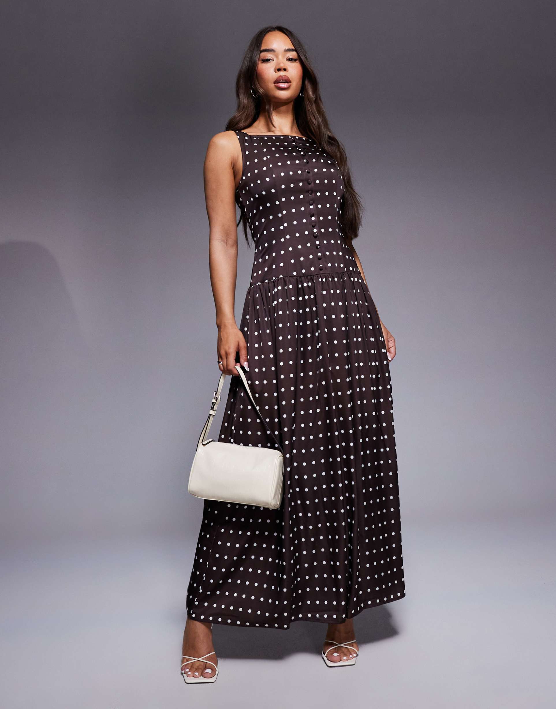 kaiia exclusive satin high square neck button up dropped waist maxi dress in chocolate polka dots
