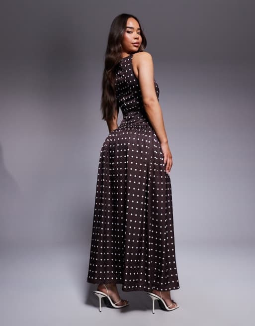Kaiia exclusive satin high square neck button up dropped waist maxi dress  in chocolate polka dots