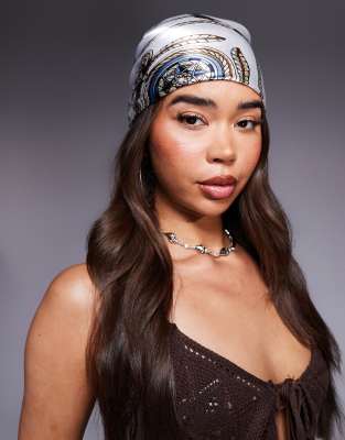 Kaiia - Exclusive - Satin-Kopftuch mit maritimem Muster in Weiß und Marineblau-Bunt